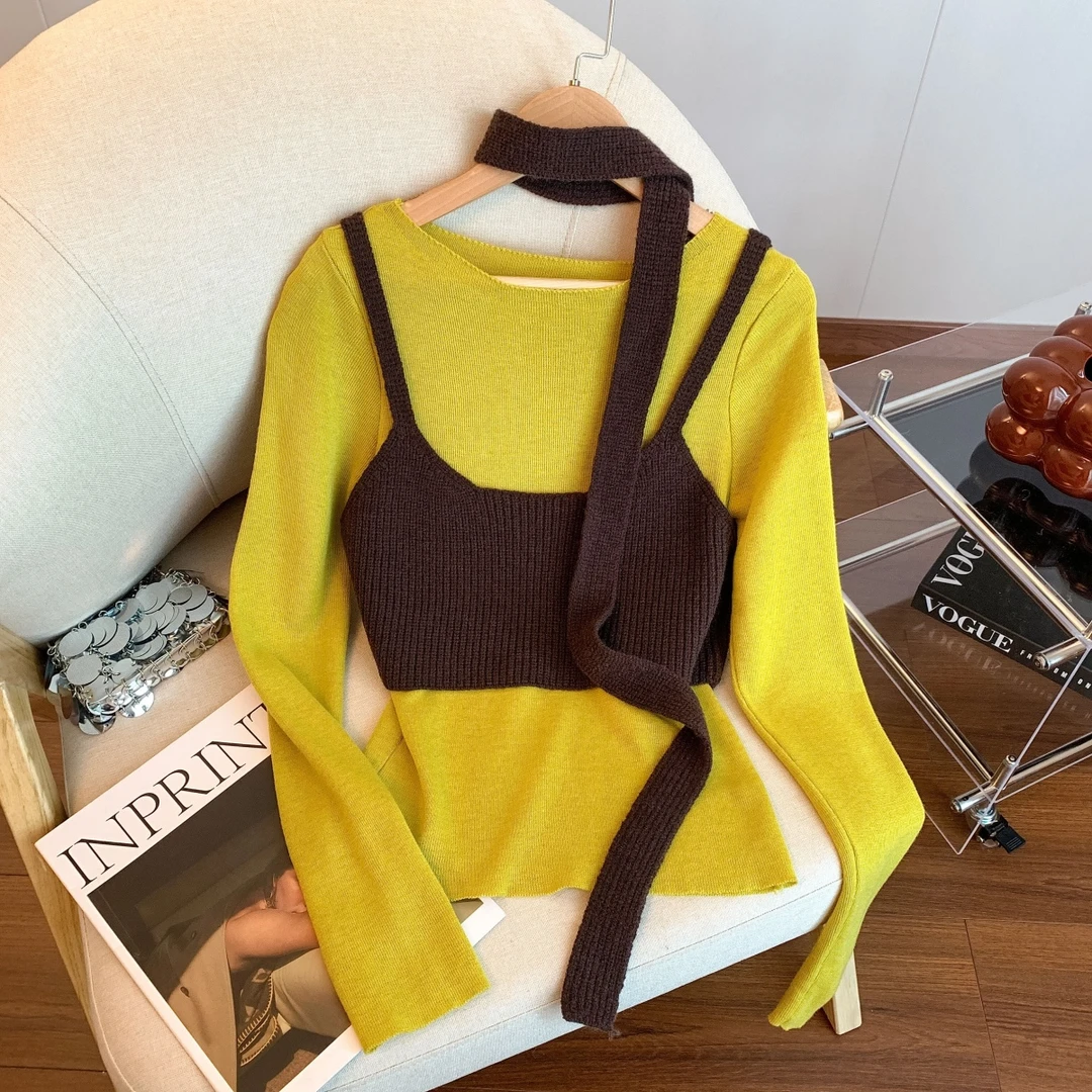 ZB#秋冬新款设计感时尚简约长袖毛衣撞色圆领小众别致显瘦针织衫