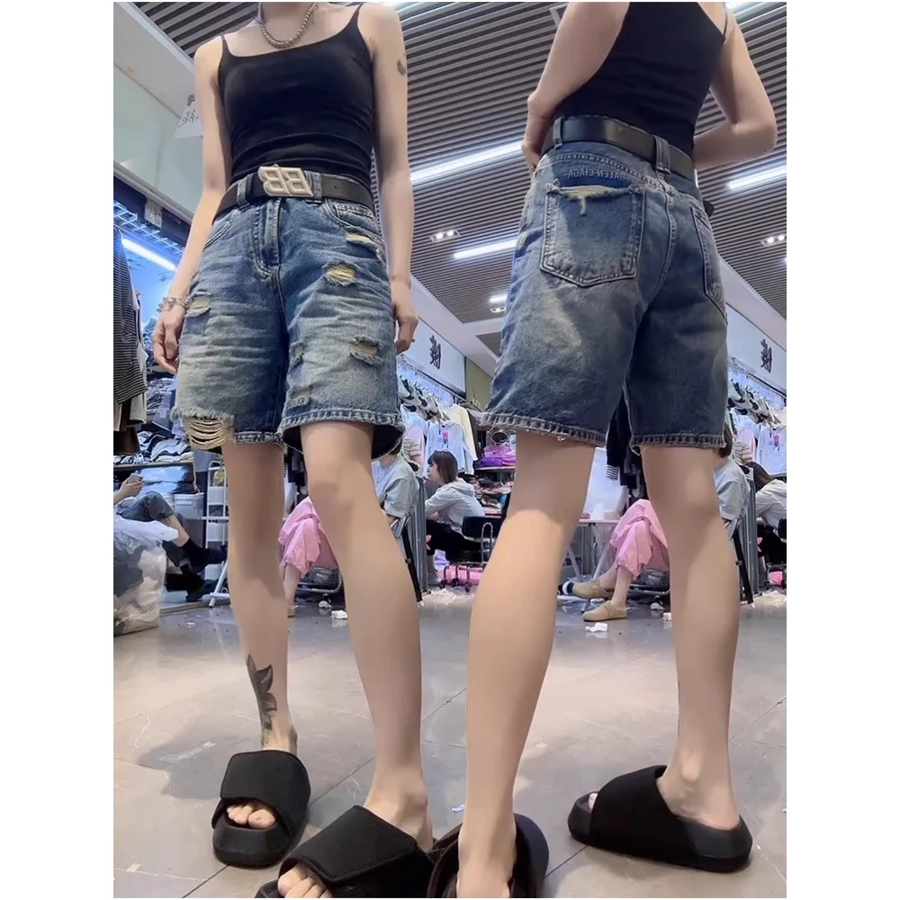 破洞蓝色阔腿牛仔五分裤2025年夏季新款大码梨形高腰宽松显瘦热裤