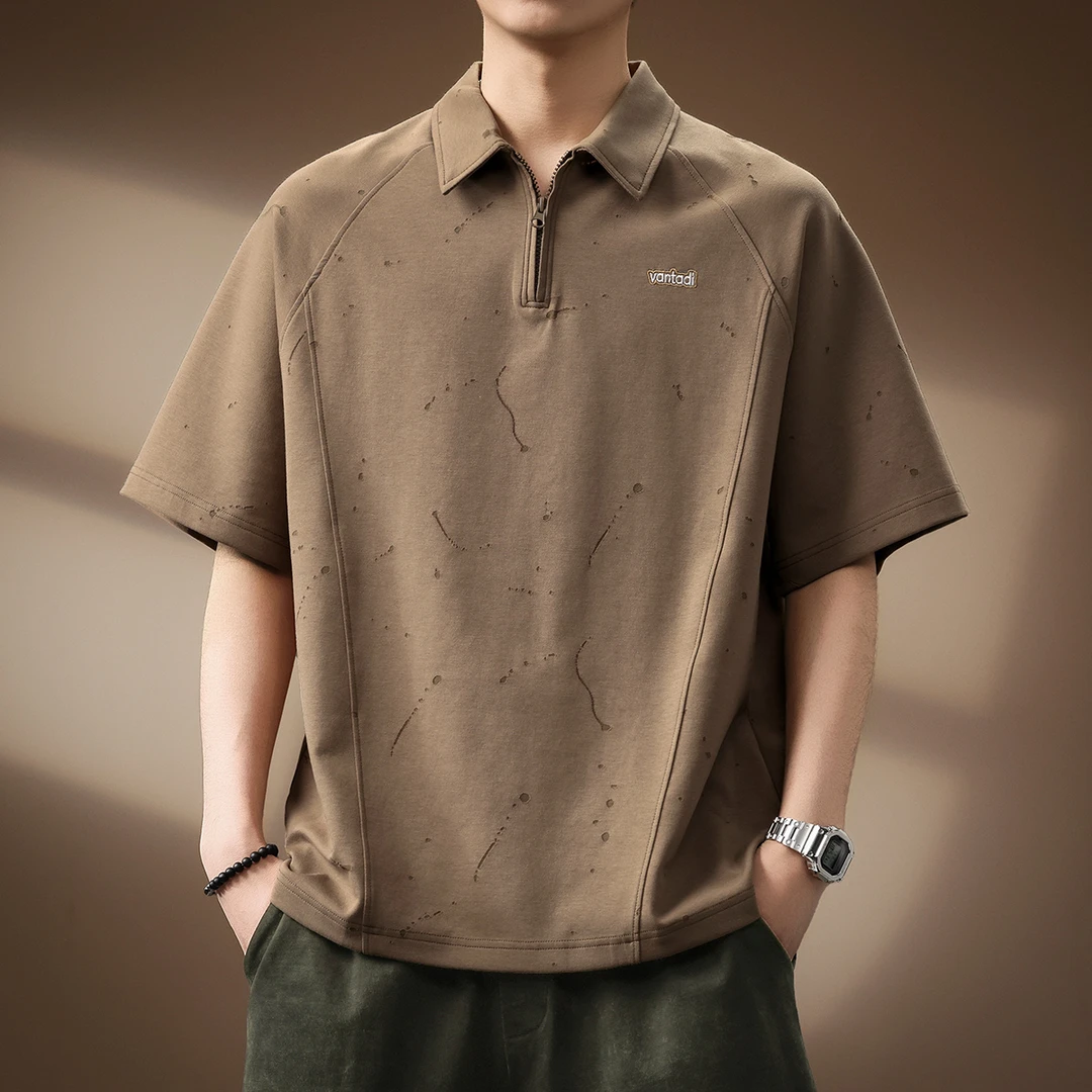 贵色刺绣短袖Polo衫男夏季新款宽松大码男款激光雕刻休闲T恤