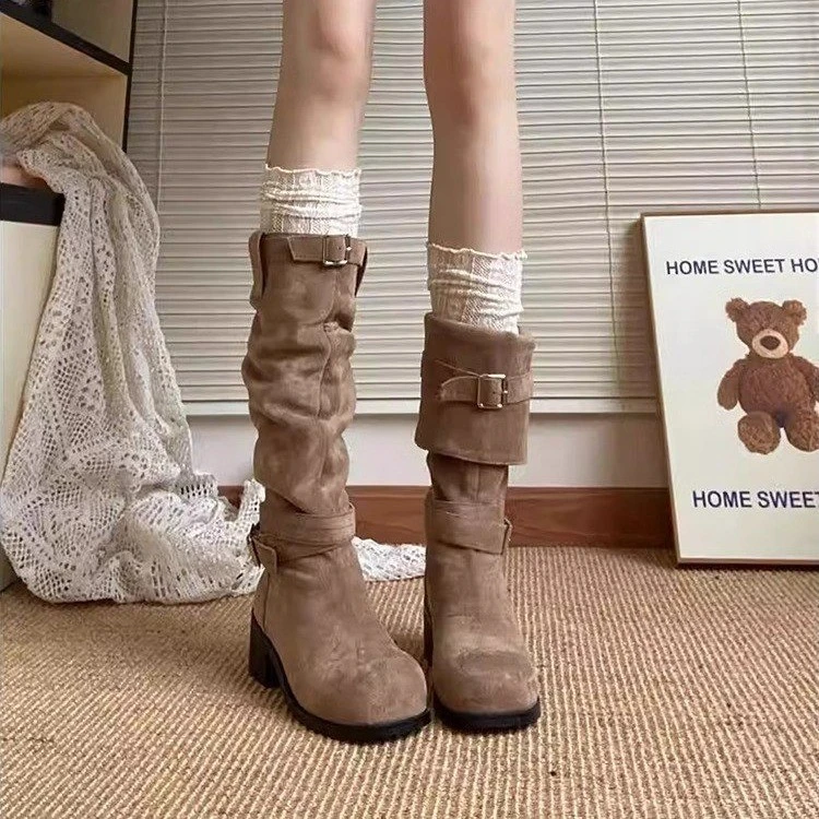 【万达撤柜】褶皱堆堆靴女粗跟显瘦长靴2025秋新款西部靴高筒骑士靴