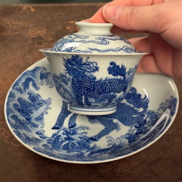 景德镇仿清纯手工手绘陶瓷麒麟闹海纹元宝盖碗壶承主人杯茶具
