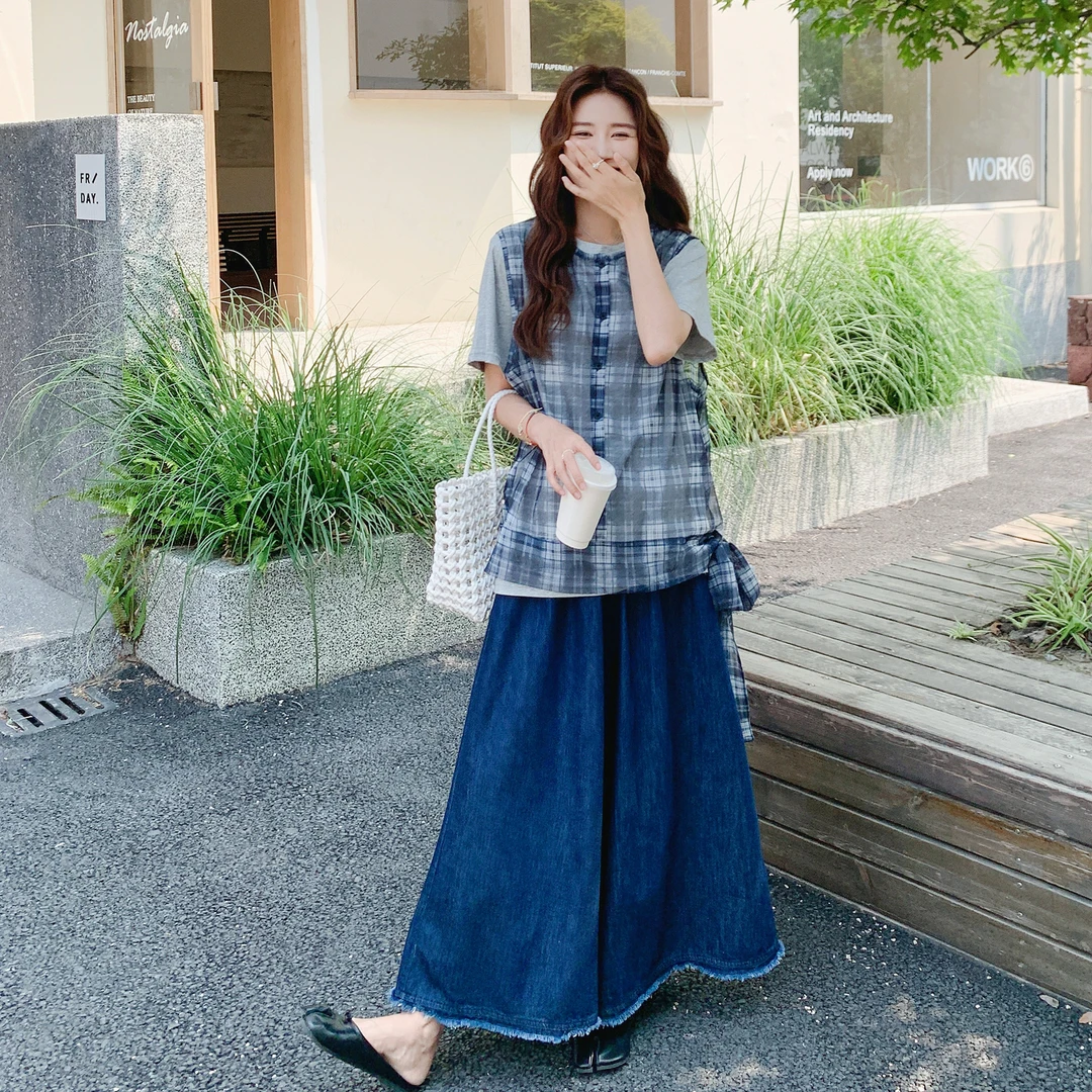 夏季ootd减龄穿搭一整套女2025格子拼接马甲短袖牛仔半身裙三件套