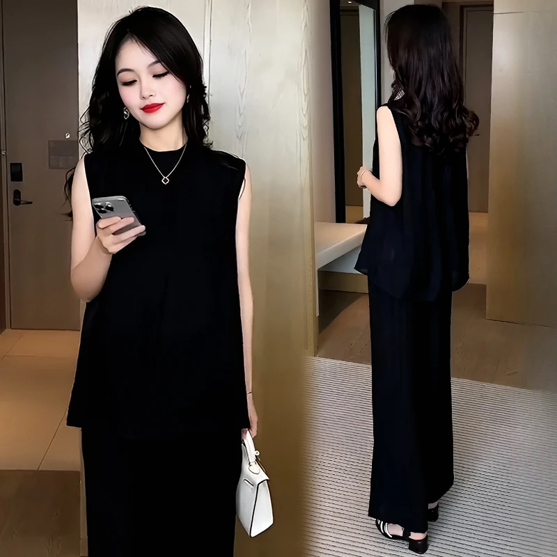 高级感时尚套装女2025年夏季新款洋气显瘦无袖上衣阔腿裤两件套潮