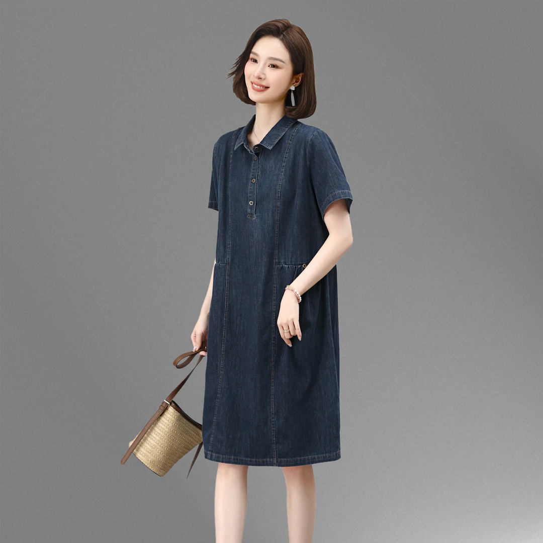 薄款牛仔连衣裙女2025夏新款中长衬衫裙胖MM遮肚显瘦大码休闲裙子