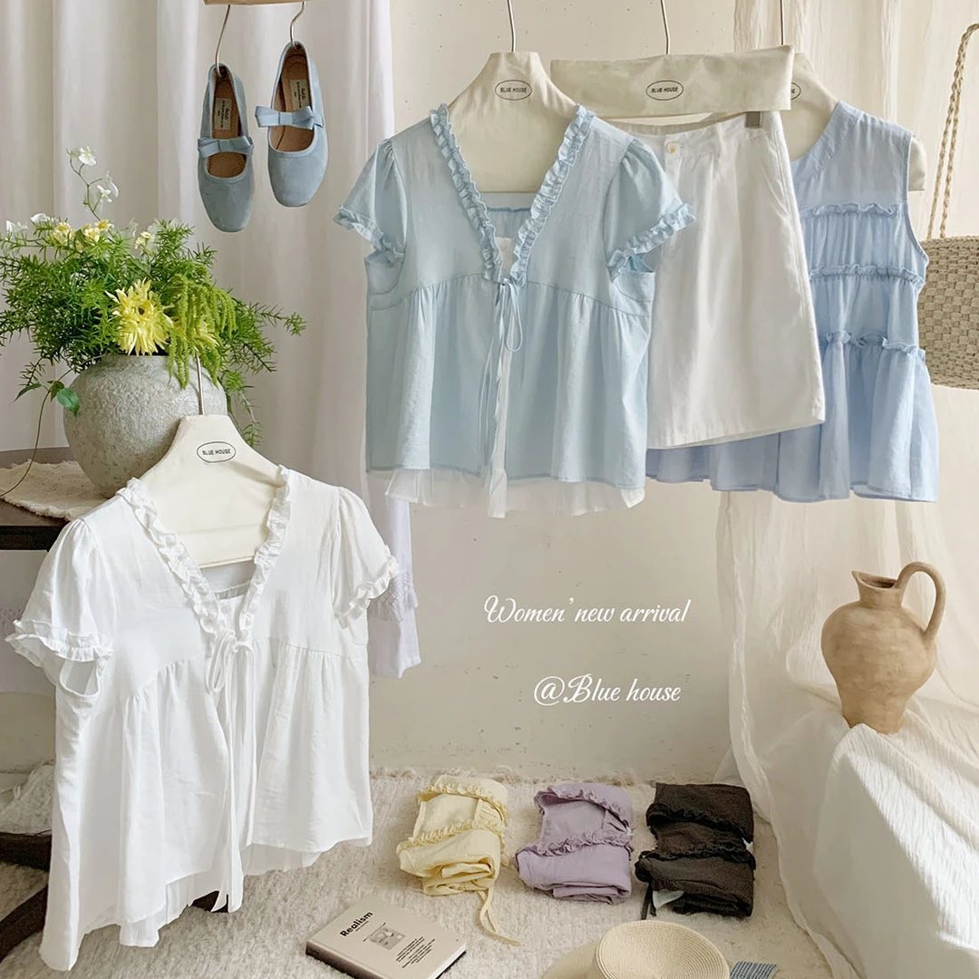 甜美减龄木耳花边假两件短袖衬衫女夏季洋气宽松绑带别致小衫