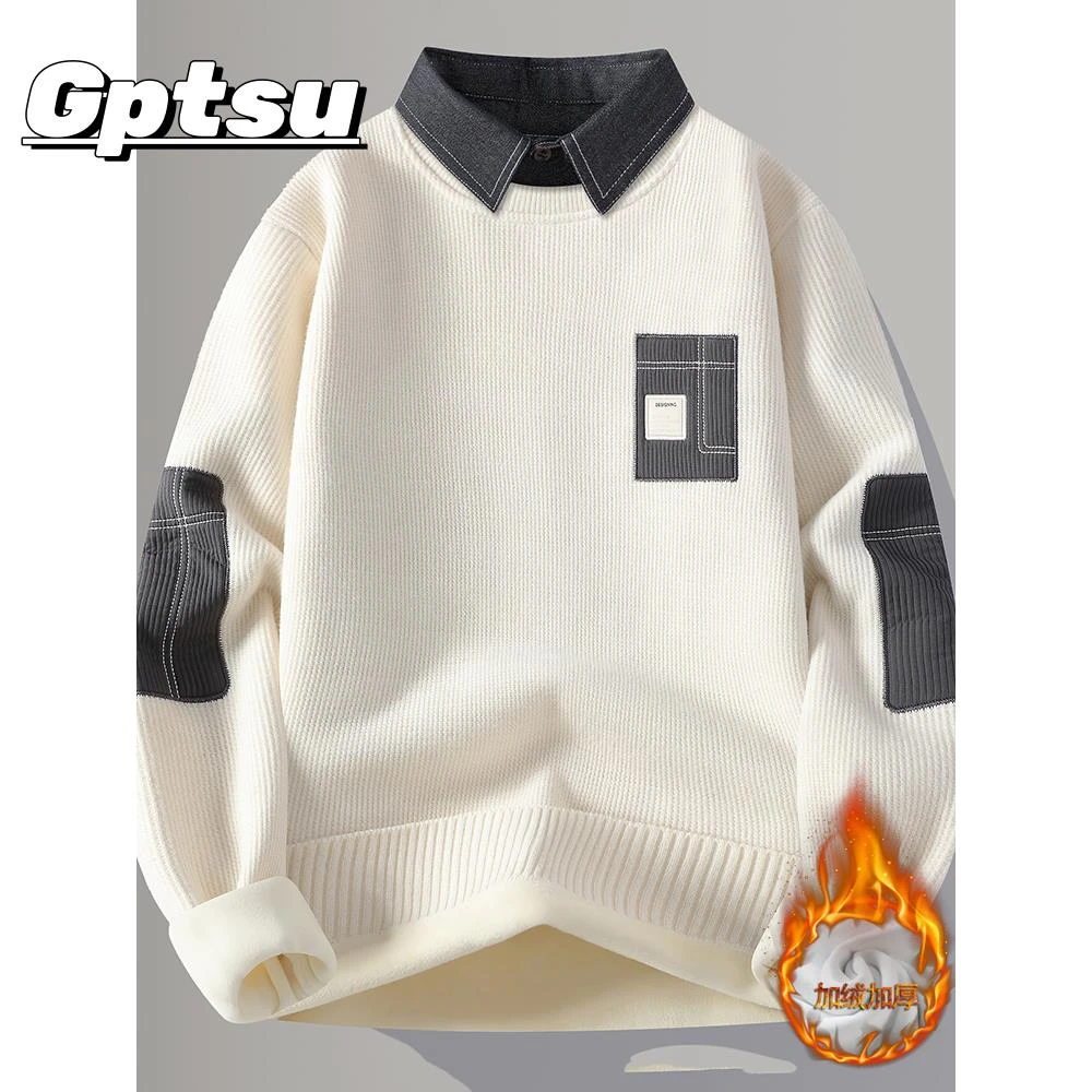 GPTSu一体绒毛衣男秋冬款加绒加厚假两件长袖衬衣潮牌打底针织衫