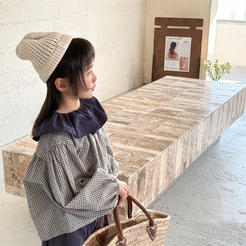 ab.baby春秋【格子泡泡袖】儿童韩版水洗棉衬衫女童格子娃娃领衬衣