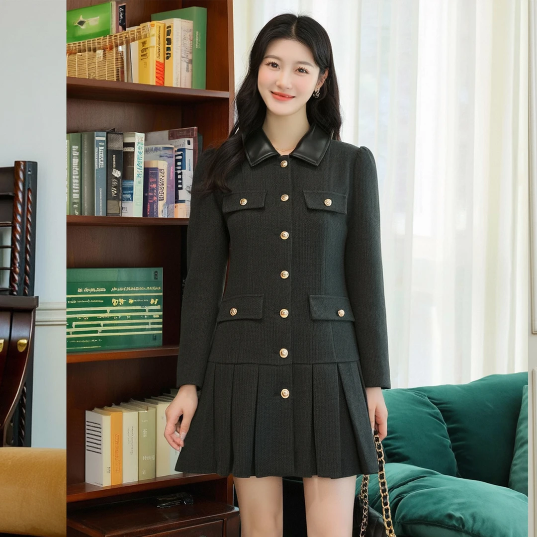 奢姿大码女装2025冬季时尚皮质翻领连衣裙胖妹妹气质减龄优雅长裙