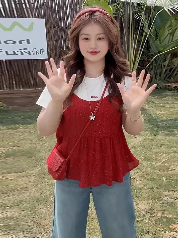 胖妹妹宽松型常规款女性圆领大码短袖常规标准拼色女士宽松短袖