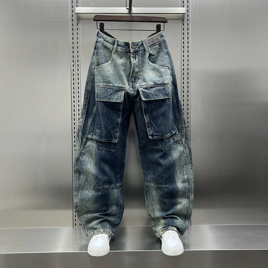 PinkAvril大口袋工装牛仔裤男2025秋冬季美式高街怀旧蓝直筒长裤