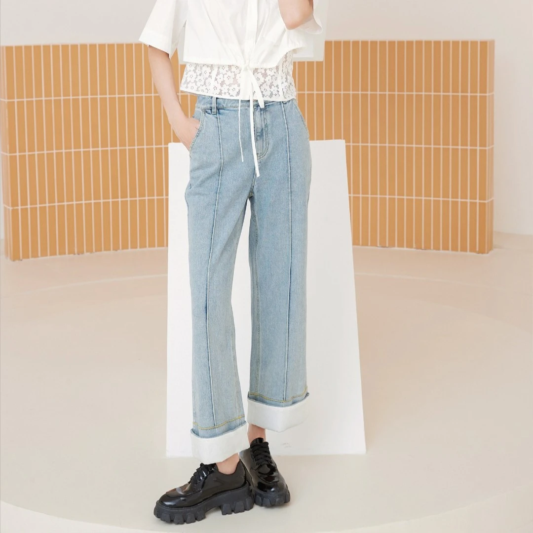 【芊芊专属】M103304434曼德诗浅色春夏百搭直筒牛仔裤休闲夏季宽松