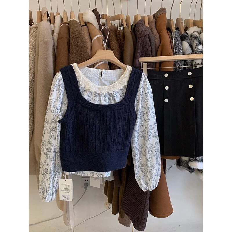 小清新碎花衬衫马甲两件套2025年早春新款韩版叠穿气质百搭上衣