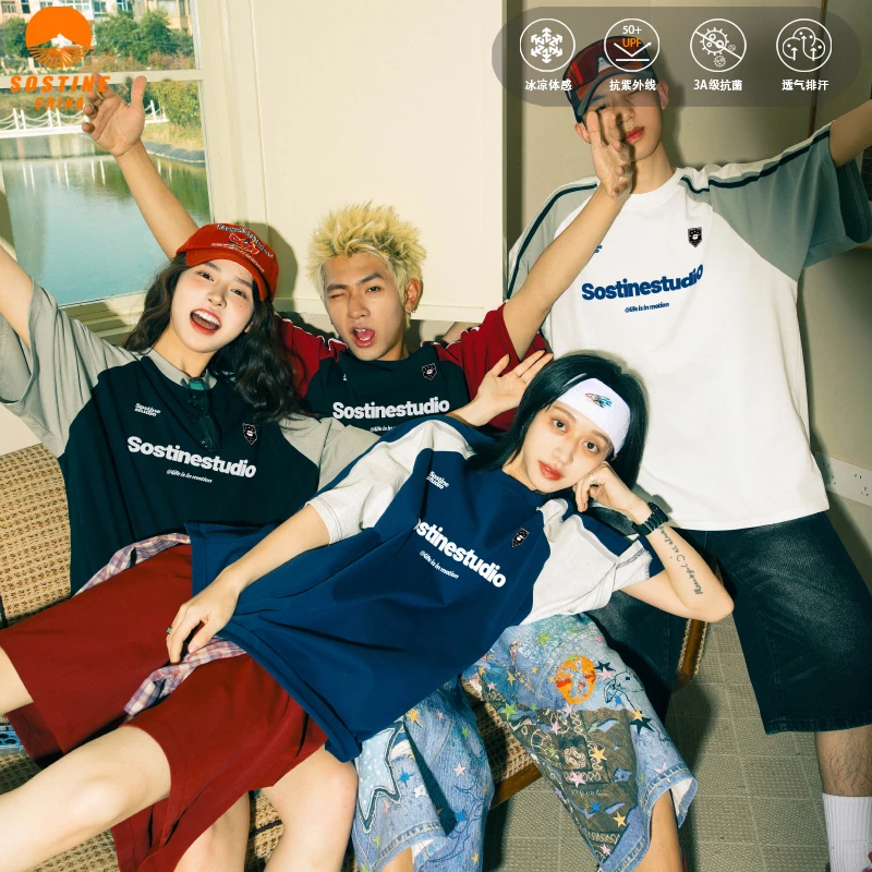 SOSTINE「徽章字母」美式复古运动插肩袖短袖t恤男女纯棉圆领上衣