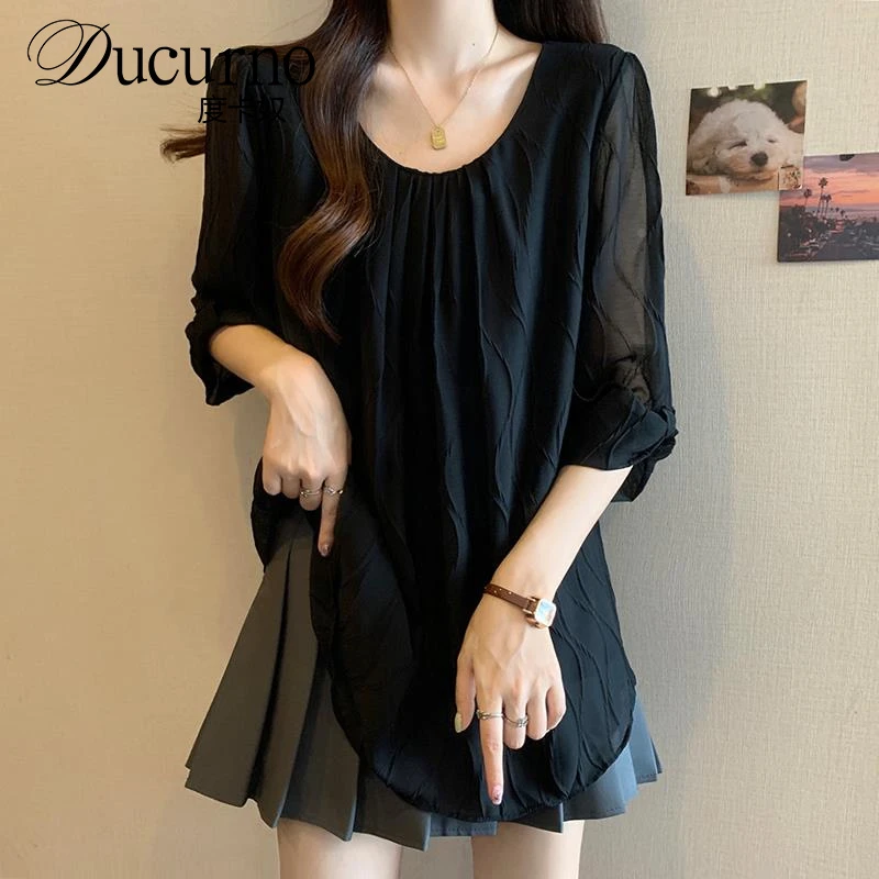 大码女装遮肚子荷叶边圆领短袖衬衫女夏季胖妹妹宽松显瘦雪纺上衣