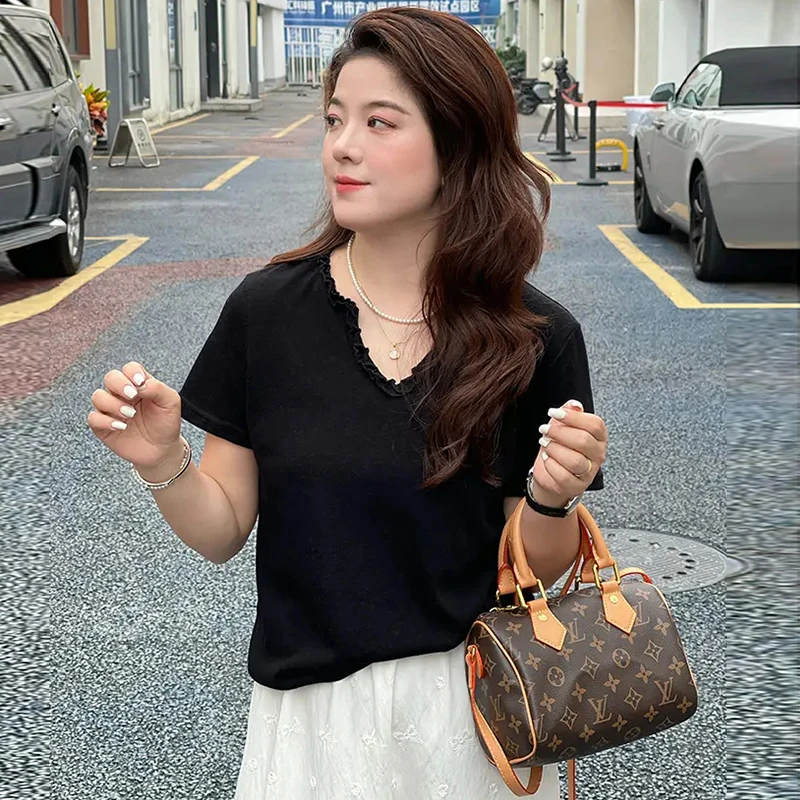 高含棉小个子韩系木耳边v领设计感短袖t恤女2025夏季新款百搭上衣