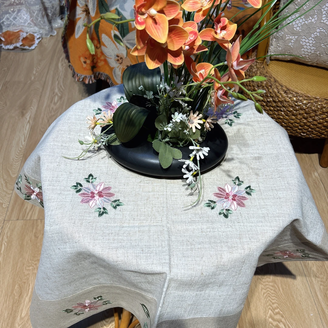 MX117-1棉麻质（85cm）灰色欧式刺绣方形桌布
