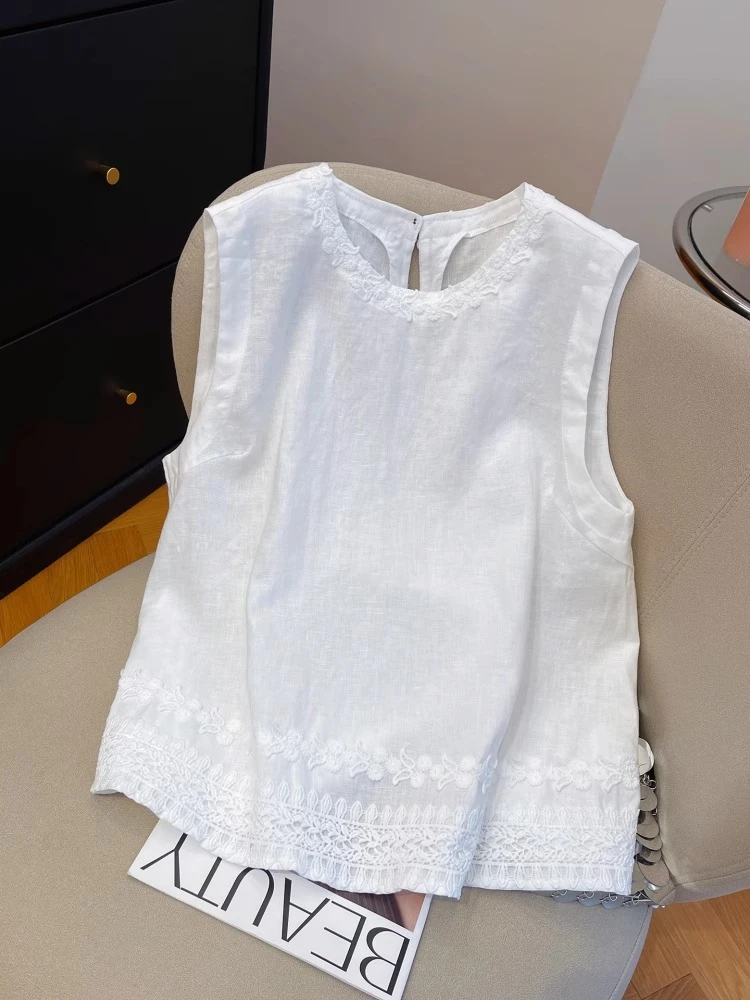 新中式国风白色花边刺绣无袖背心女2025夏季宽松圆领气质女装上衣