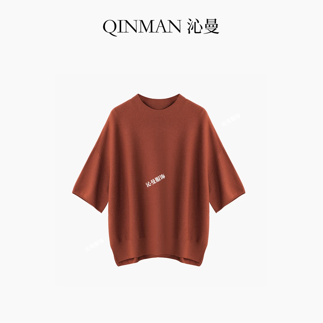 沁曼E-22 秋款五分袖软糯羊毛衫女宽松圆领套头上衣纯色针织衫