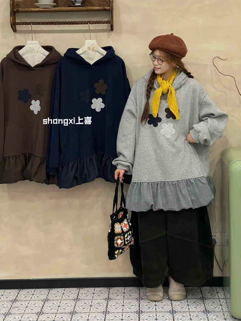 YQ#20256230#印花连帽加绒卫衣裙 X