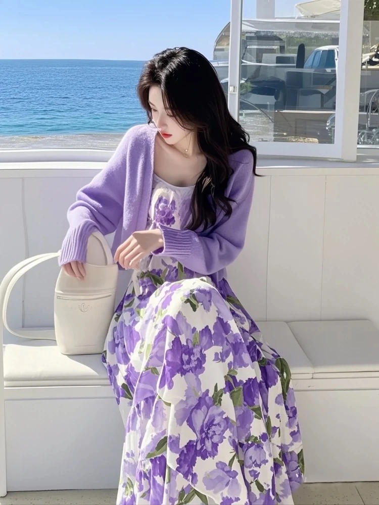 2025春季新款韩系穿搭高级感紫色针织开衫碎花连衣裙显瘦两件套女