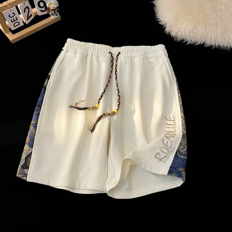 国风刺绣短裤男夏季青少年小熊裤子国潮五分休闲运动裤帅气沙滩裤