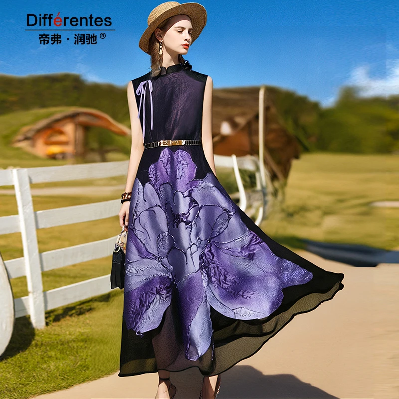 帝弗润驰夏季新款紫色中式端庄连衣裙高级感气质高端提花长裙女