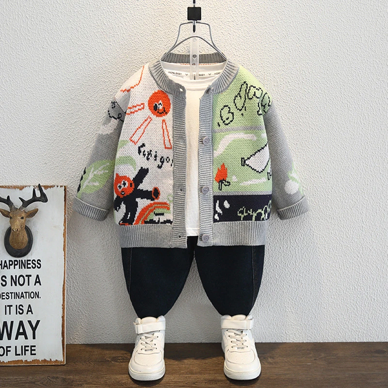 男女童彩条纹针织衫开衫秋季2025新款中小童春装洋白色女童针织衫