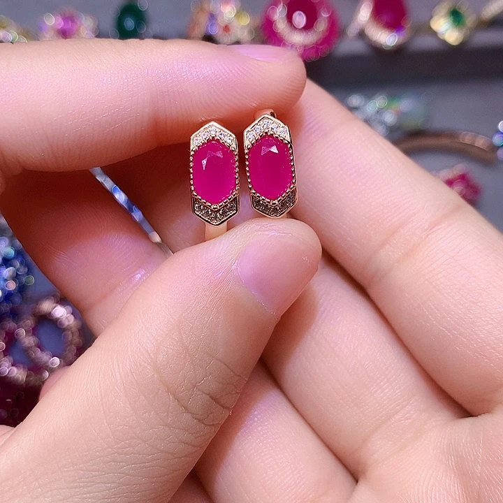 耳饰银S925镶嵌红宝石