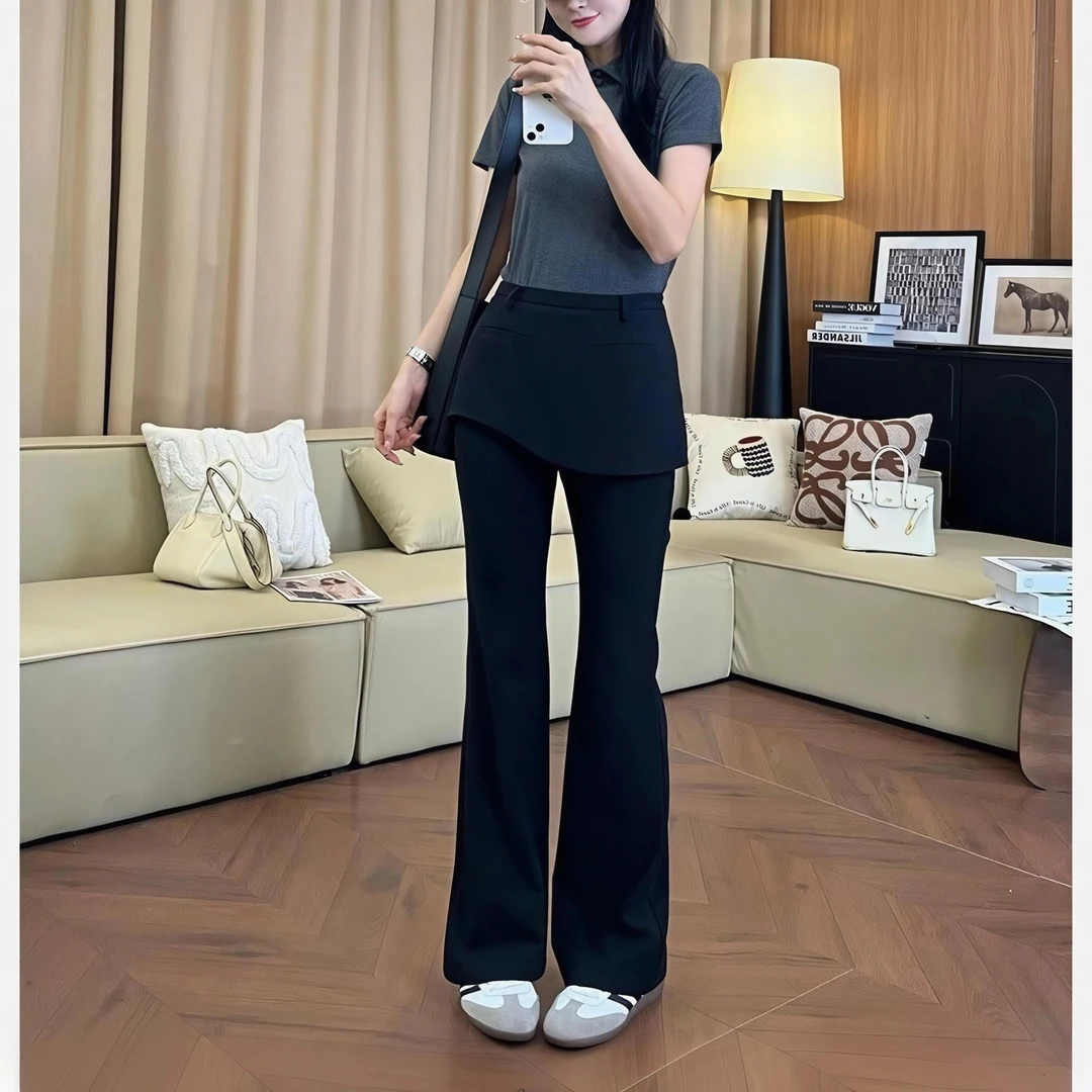 痞帅炸街风女装叠穿西装长裤假两件高腰显瘦屁帘裤微窄版喇叭裤