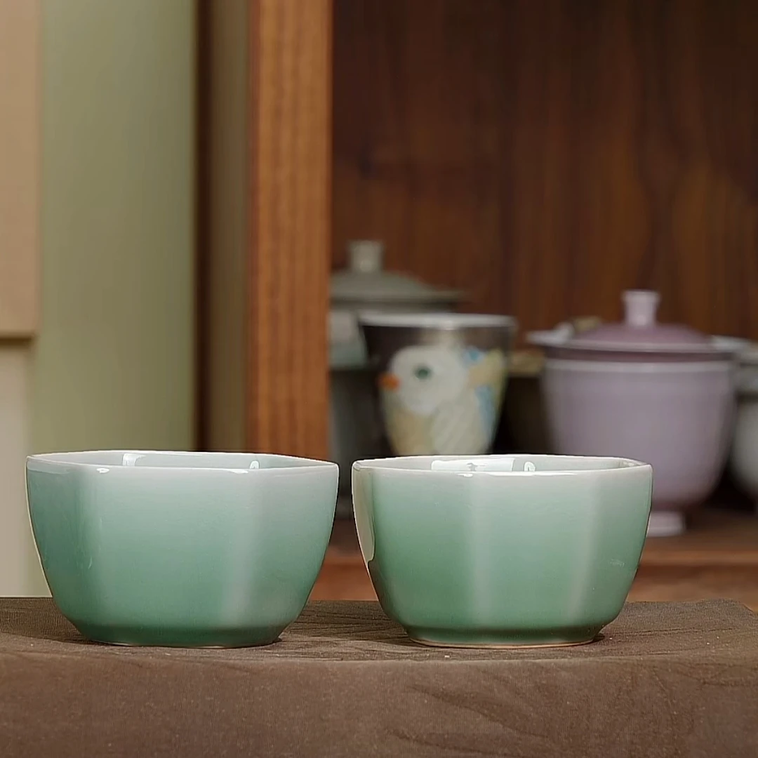 梅子青八方杯六方杯龙泉青瓷主人杯陶瓷纯手工茶杯周贝