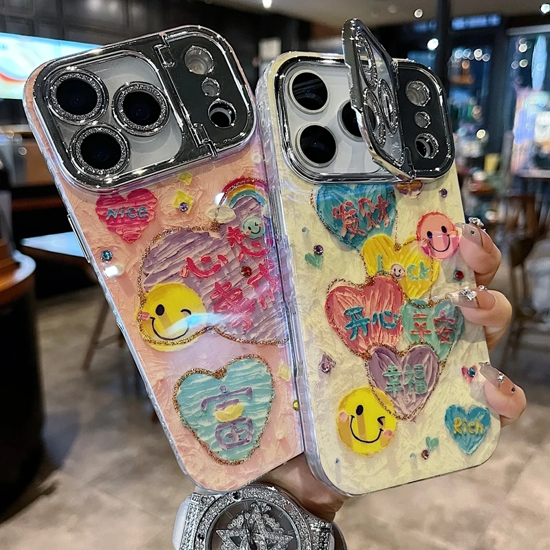 适用苹果系列iPhone17新款手机壳爱心笑脸文字枪色精孔镜头框支架
