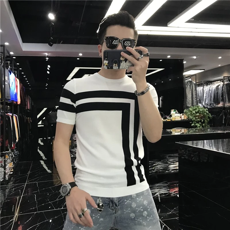2025夏季新款弹力修身帅气青年百搭薄款冰丝T恤男潮牌网红短袖潮