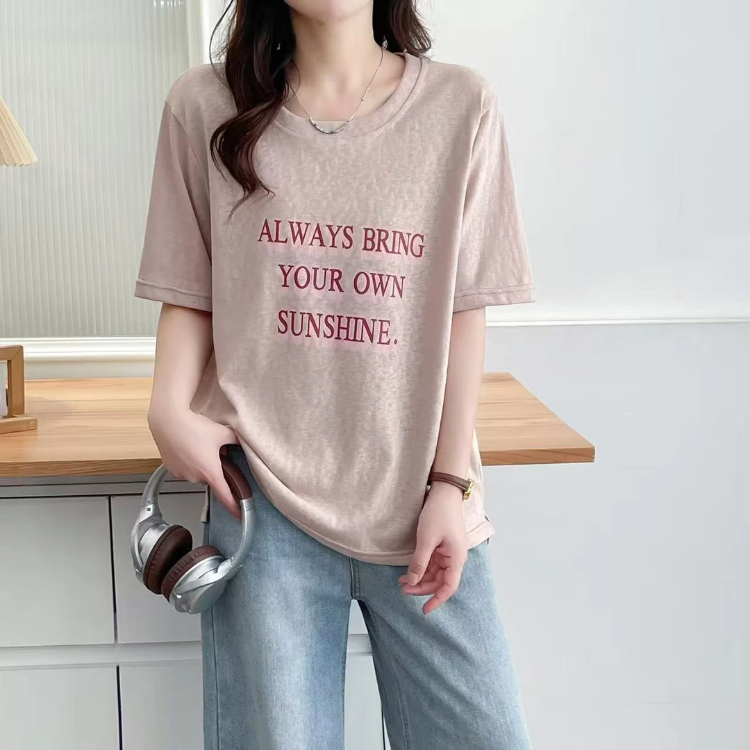 大码女装新款时尚简约百搭圆领印花短袖宽松显瘦T恤夏季上衣