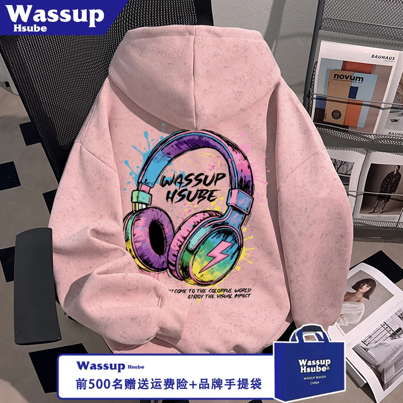 WASSUP HSUBE秋冬季男女款粉色蜡染加绒卫衣耳机印花连帽套头上衣