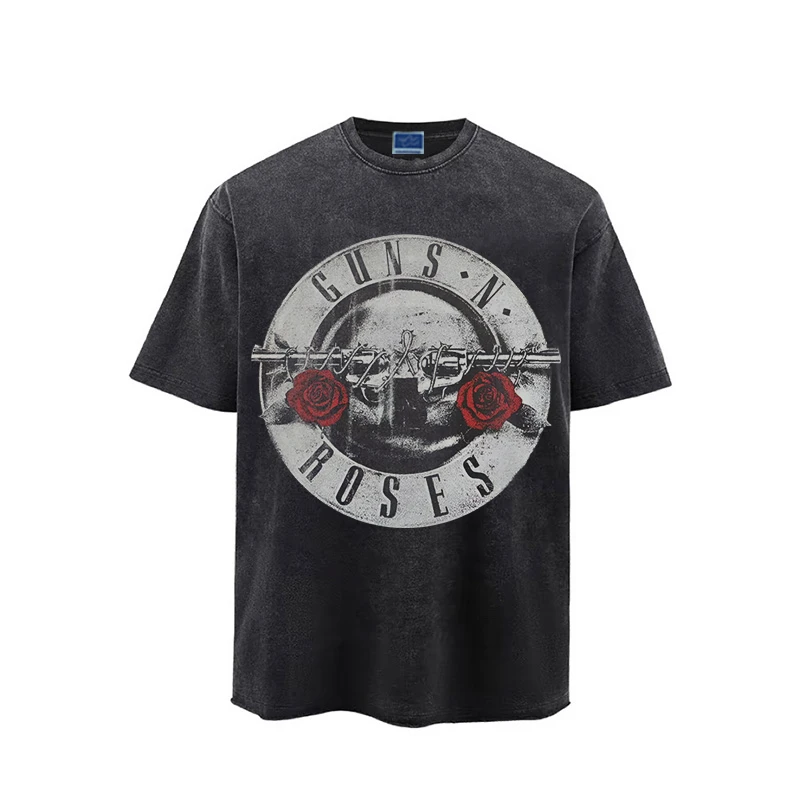 Young Guns枪炮玫瑰枪花乐队 复古摇滚水洗做旧重磅印花短袖T恤男