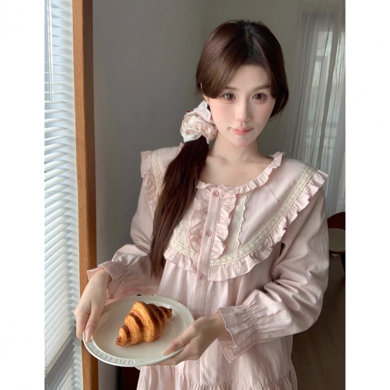 2025韩版棉甜美花边纯色公主长袖数以家居服套装女春秋新款睡衣