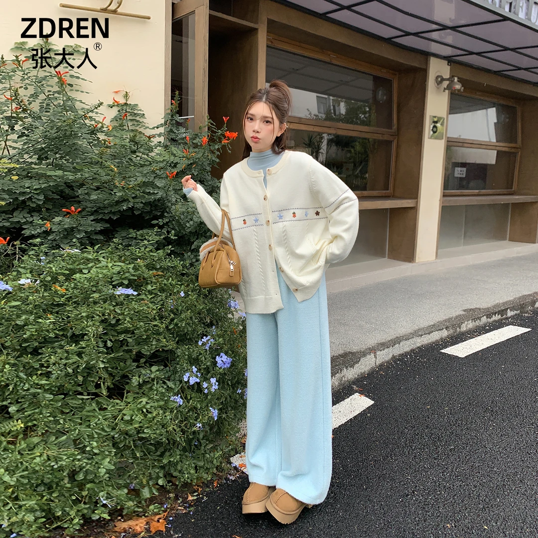 张大人【蓝海传说】大码女装微胖妹妹休闲蓝白色韩系氛围感懒人套装