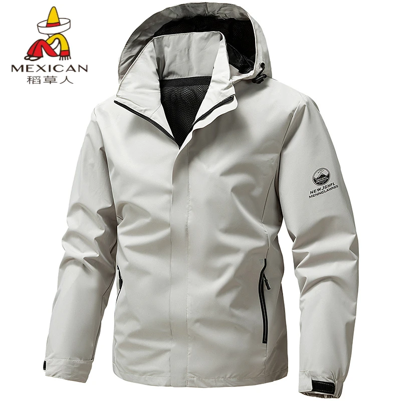 稻草人春秋新款防风防水夹克宽松休闲户外冲锋衣连帽透气外套男