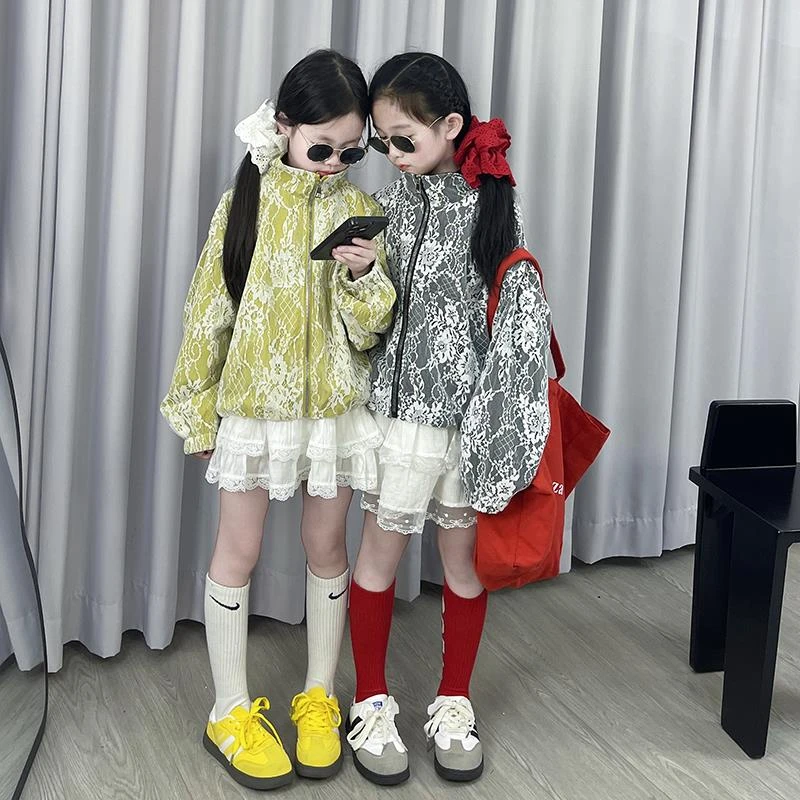 女童春装蕾丝花边外套2025新款中大童洋气时髦立领夹克衫韩系上衣