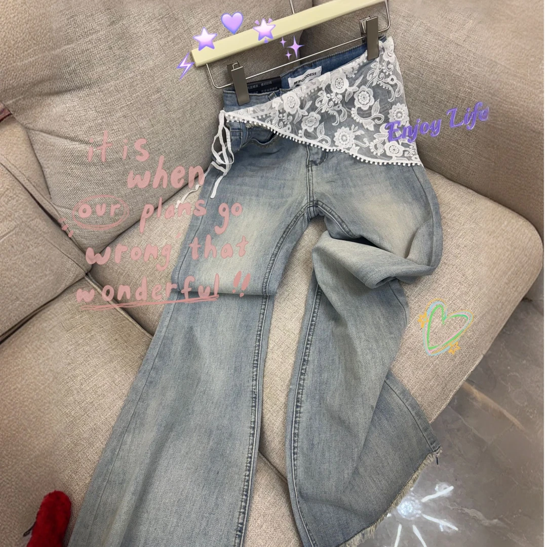 ZHUZHU 蕾丝腿精裤 春季新款时尚百搭显瘦微喇牛仔裤