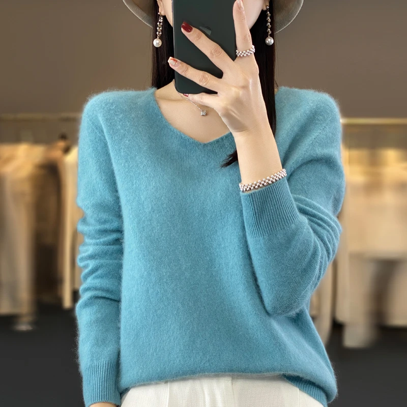 秋冬新款一线成衣安迪绒针织衫毛衣长袖内搭衫女士女V领打底衫