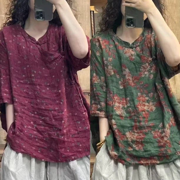 夏季复古亚麻小碎花女士上衣炒色做旧斜盘扣衫（衣长66胸围142）
