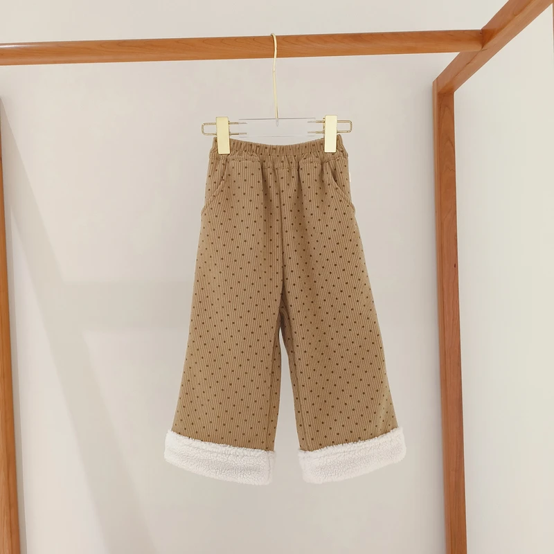 儿童潮流洋气一粒扣波点直条绒绒包边加绒休闲裤660388