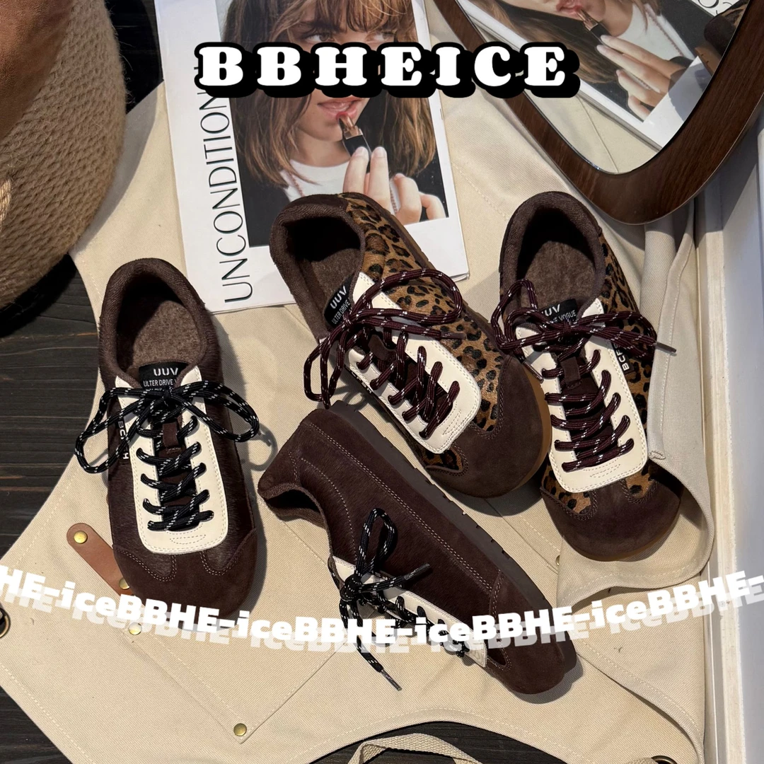 豹纹百搭休闲鞋德训鞋时尚休闲鞋冬季加绒平底板鞋