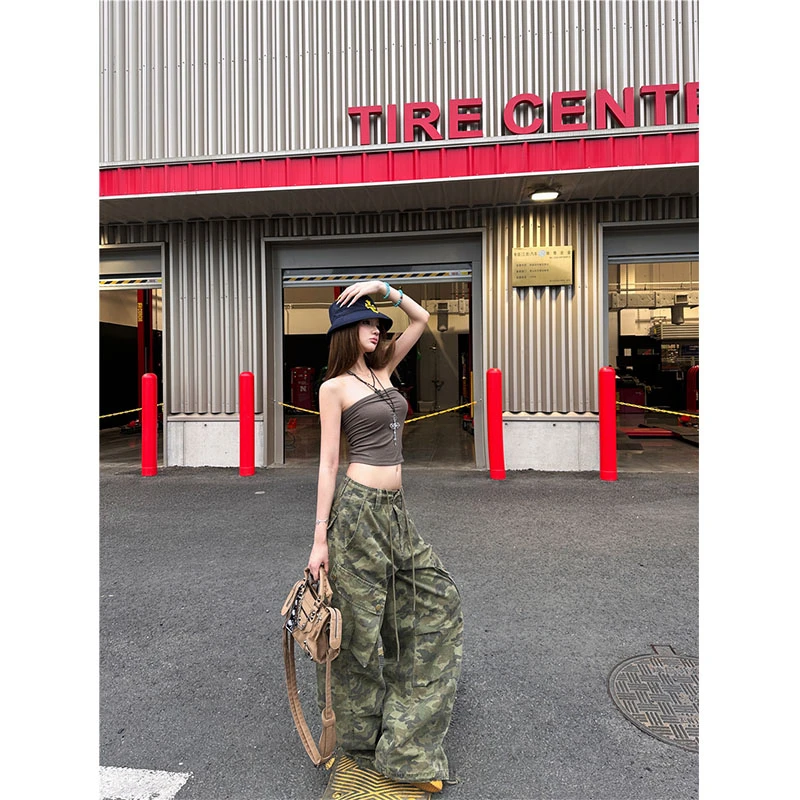 修身简约辣妹抹胸上衣女夏季美式复古抽绳迷彩阔腿工装牛仔长裤女