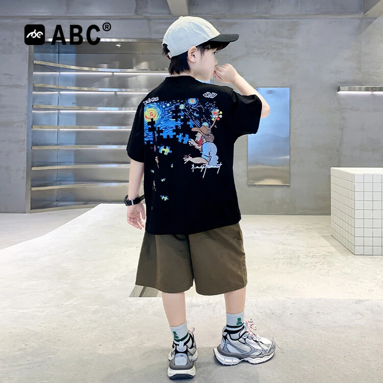 ABC男童夏季套装2025新款中大童卡通印花上衣男孩夏装儿童两件套
