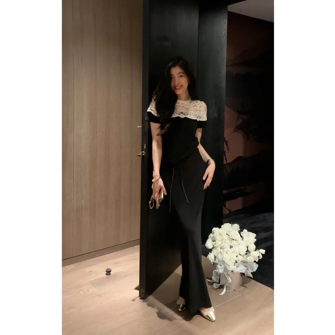 N.COU妮蔻25夏新款千金贵气黑色法式优雅拼蕾丝醋酸套装DY22705-1