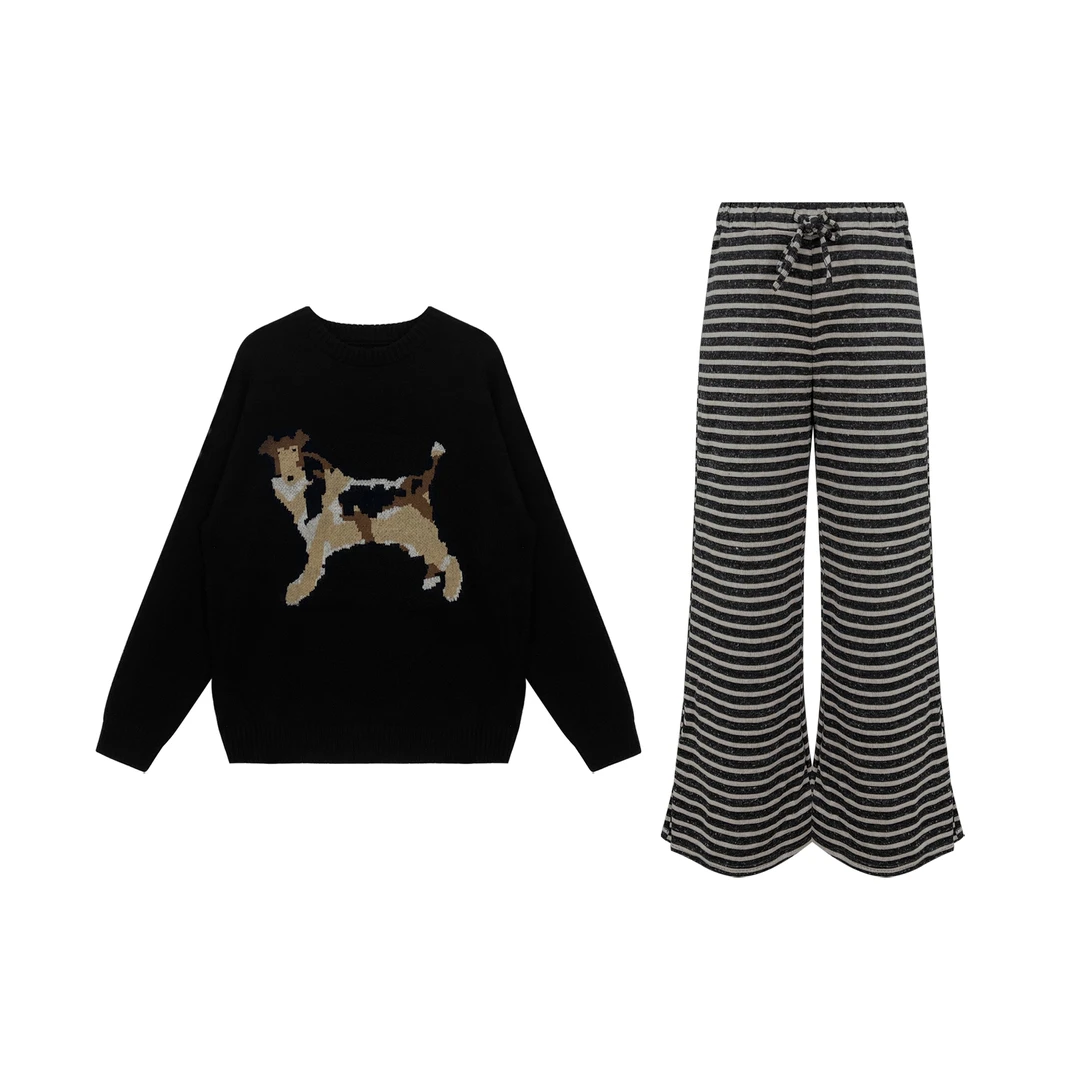 俏皮小狗黑色圆领毛衣+艺术生条纹休闲裤Q 9230#