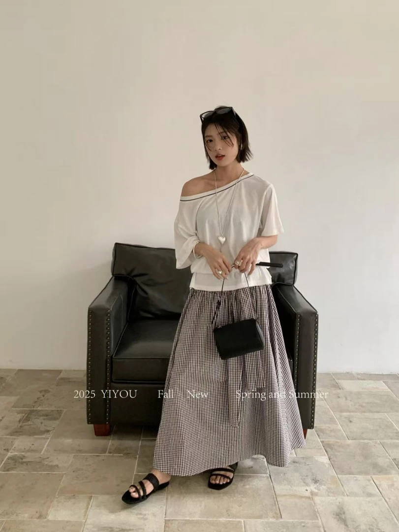 YIYOU@A1F0013 韩版撞色一字肩短袖宽松显瘦百搭斜肩上衣 7-3