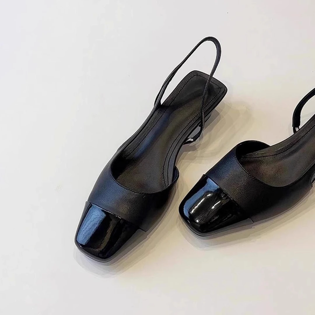 3cm法式复古拼接包头凉鞋夏季方头粗跟后空单鞋后绊带气质